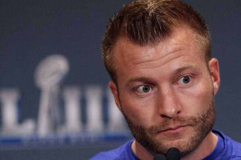 Los Angeles Rams head coach Sean McVay speaks during a press availability ahead of the NFL Super Bowl 53 football game against the New England Patriots, Thursday, Jan. 31, 2019, in Atlanta. (AP Photo/John Bazemore)