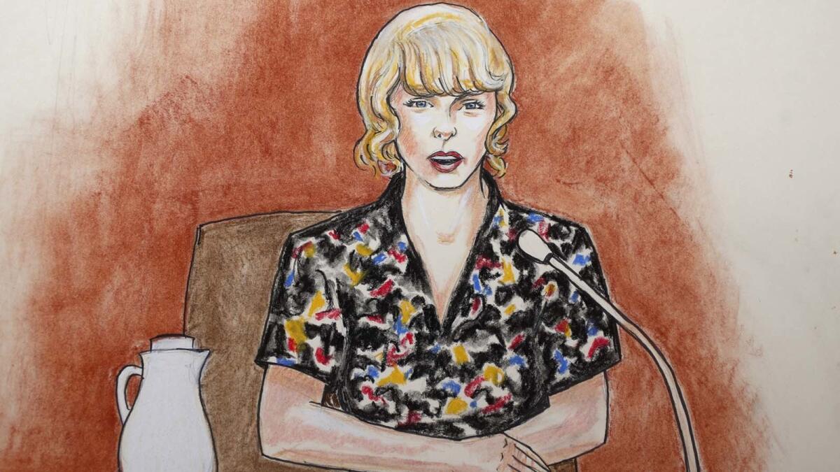 You be the judge: This sketch is supposed to show Taylor Swift on the witness stand Thursday.