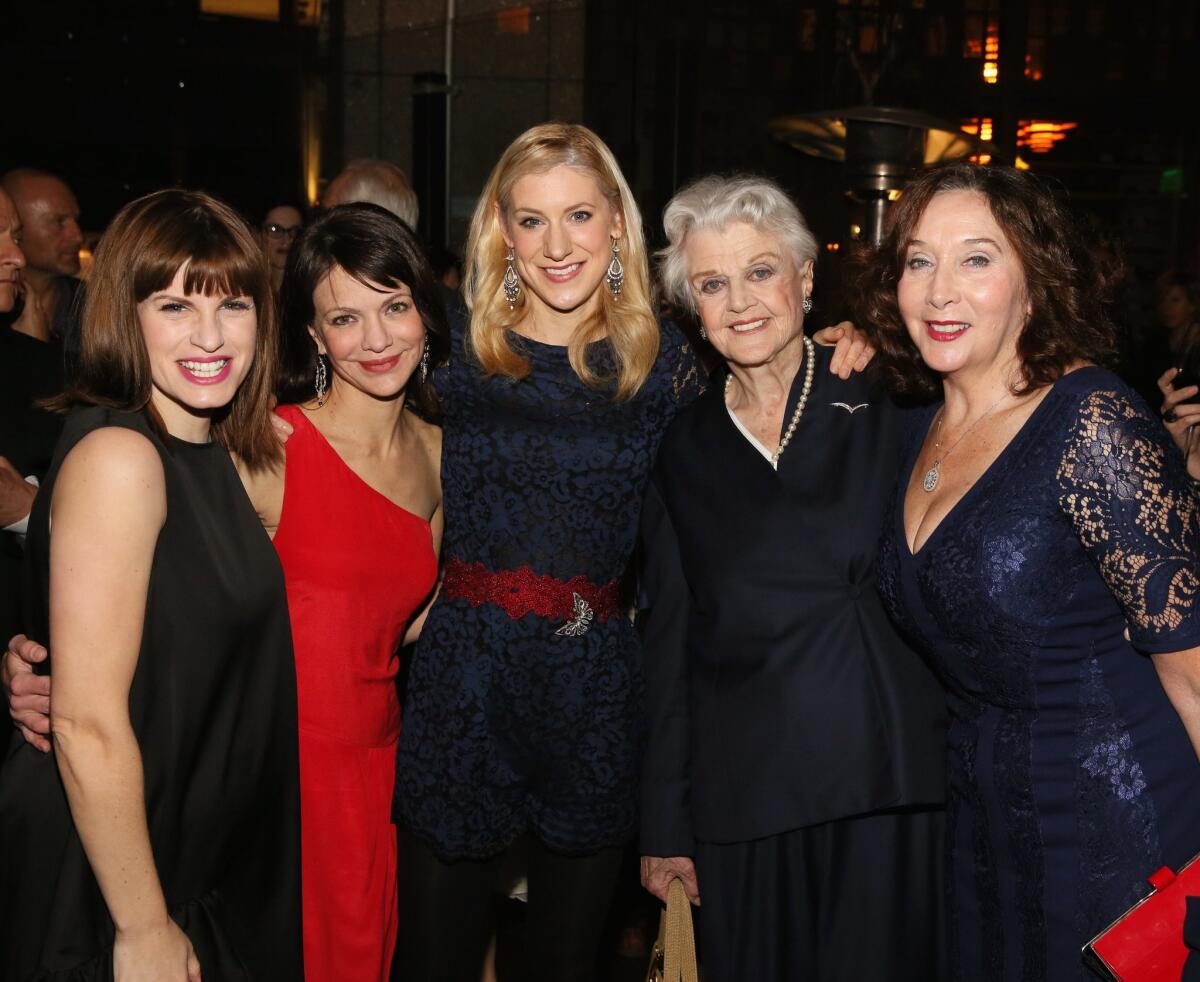 "Blithe Spirit" cast members Jemima Rooper, from left, Susan Louise O'Connor, Charlotte Parry, Angela Lansbury and Sandra Shipley are shown during the party for the opening night performance at the Ahmanson Theatre on Sunday.