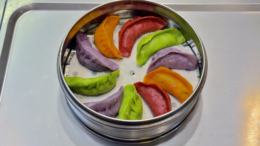 Taste of China in Rowland Heights serves colorful dumplings that have been fortified with vegetable juice.