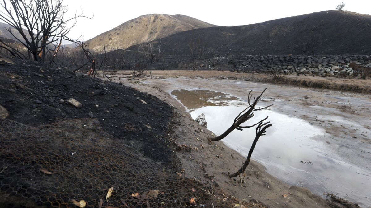 Mud and debris in Solstice Creek in the Santa Monica Mountains, an area burned by the Woolsey Fire, in a Nov. 29 photo. Some parks in the mountains have reopened, including Malibu Creek State Park.
