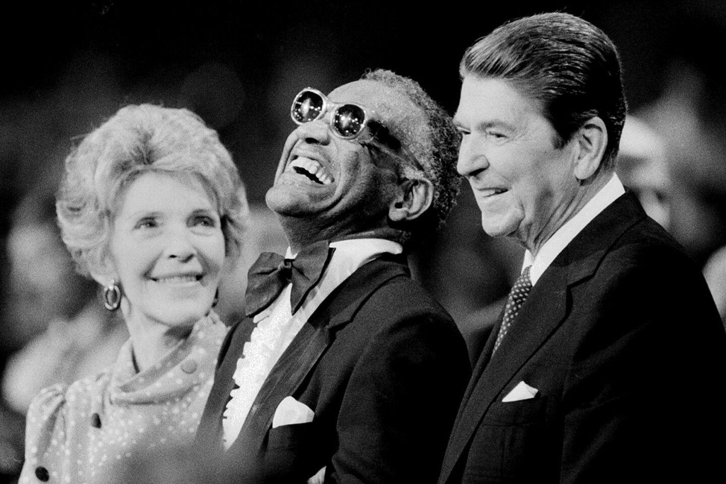 The Reagans with music legend Ray Charles at a musical salute in Washington in March 1983.