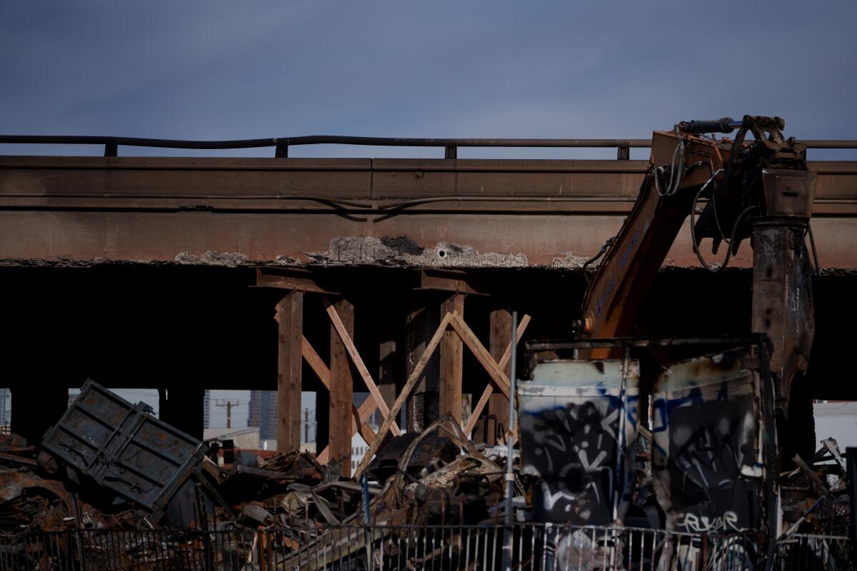 The fire scene under Interstate 10 in Los Angeles.