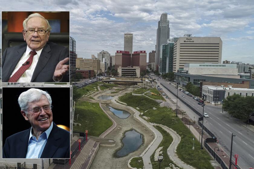 Warren Buffett, top inset, is a folksy son of Omaha, Neb., while Charles Koch hails from Wichita, Kan. Pictured is downtown Omaha.