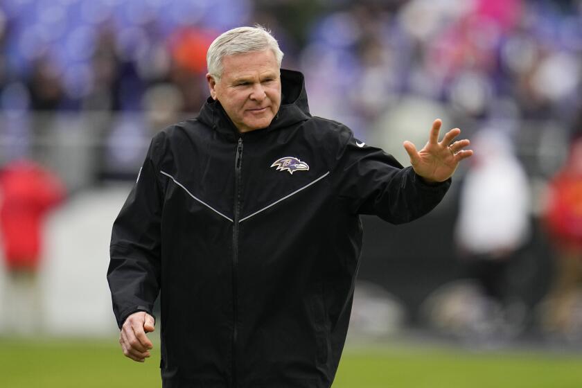 Baltimore Ravens offensive line coach Joe D'Alessandris looks on prior to the AFC Championship NFL football game between the Baltimore Ravens and the Kansas City Chiefs, Sunday, Jan. 28, 2024, in Baltimore. The Chiefs won 17-10. (AP Photo/Julio Cortez)