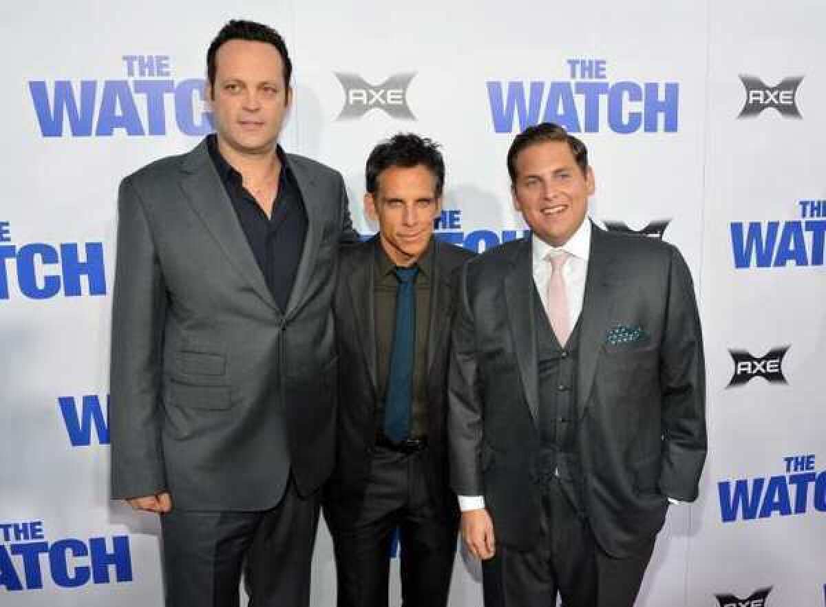 Vince Vaughn, Ben Stiller, and Jonah Hill arrive at the premiere "The Watch" at Grauman's Chinese Theatre.