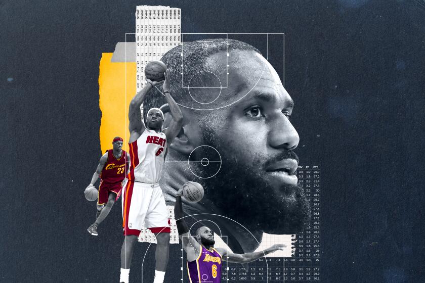 Photo illustration of multiple LeBron Jameses through the years with snippets of his stats in background.