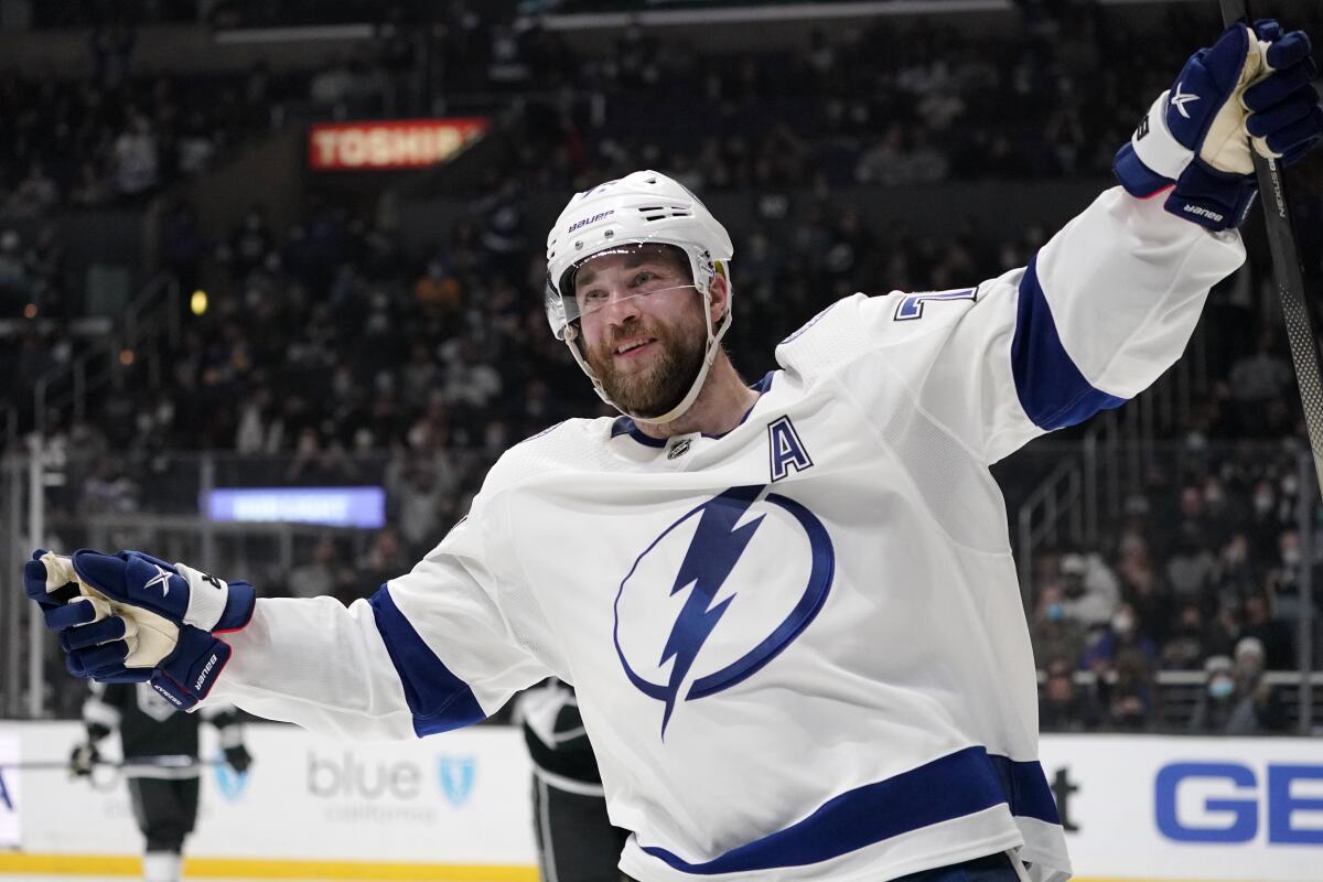 Tampa Bay Lightning defenseman Victor Hedman celebrates his goal during the third period of an NHL hockey game against the Los Angeles Kings Tuesday, Jan. 18, 2022, in Los Angeles. (AP Photo/Mark J. Terrill)