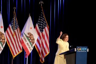 DNC CHICAGO, IL AUGUST 19, 2024 - U.S. Representative Nancy Pelosi speaks at the California delegation breakfast on Monday, August 19, 2024 in Chicago, IL. (Myung J. Chun/Los Angeles Times)