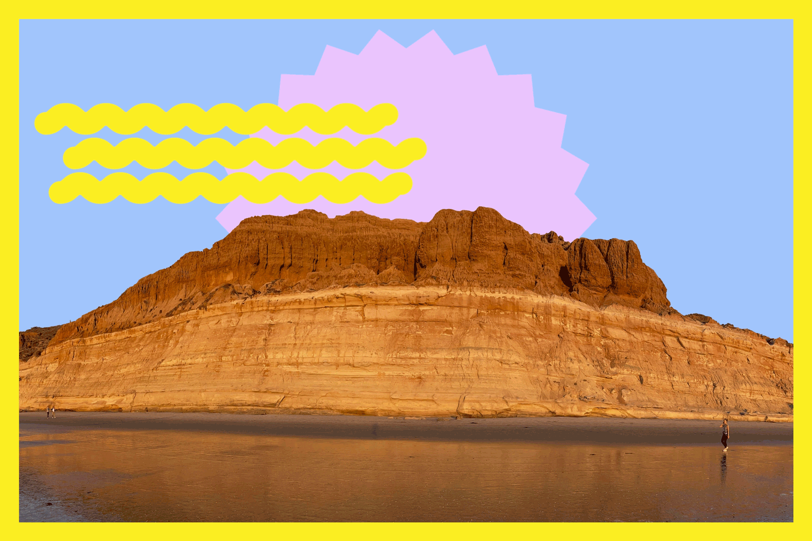 An illustration of a pink sun over red cliffs with a beach below. 