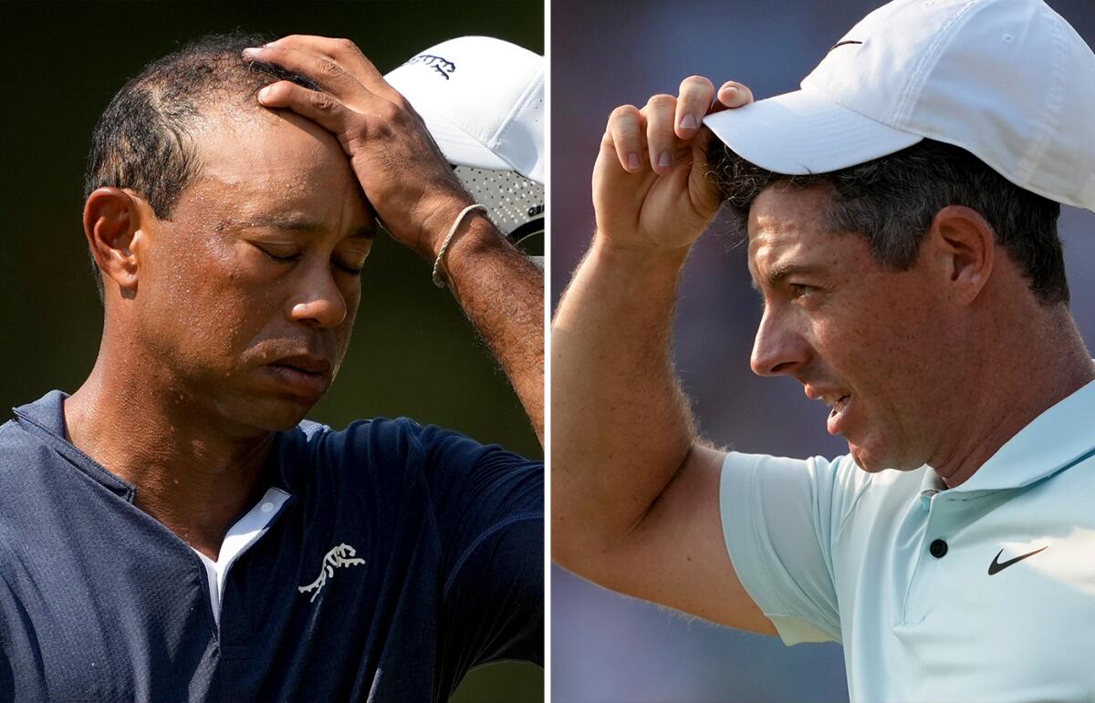 A split image of Tiger Woods on the left and Rory McIlroy on the right