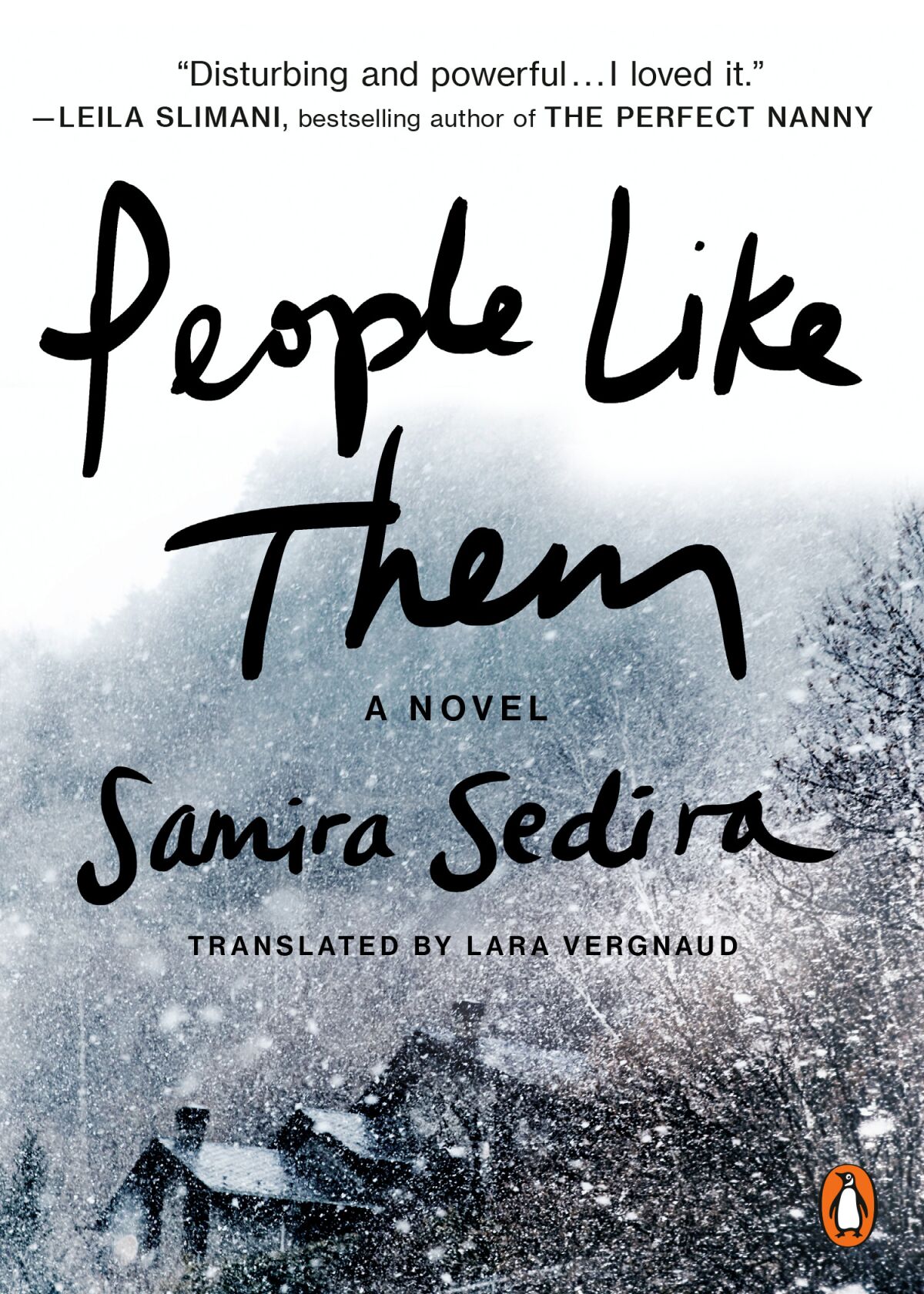 Snow falls on houses and trees without leaves on a book cover.