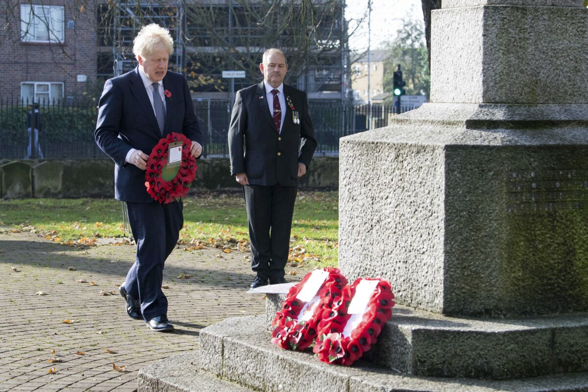 British Prime Minister Boris Johnson visits Uxbridge War Memorial in London on Saturday ahead of Remembrance Sunday.