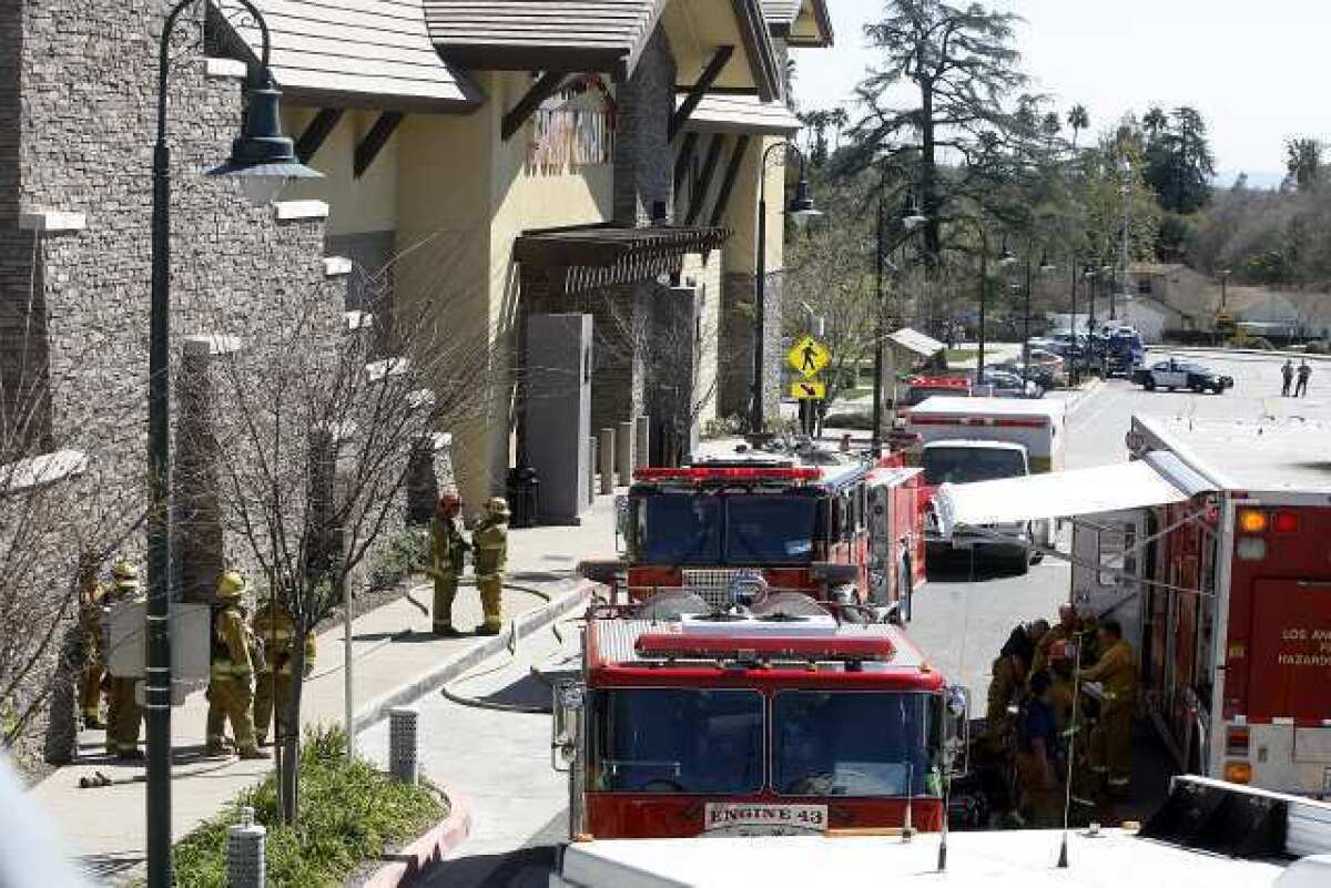 Los Angeles County Fire responded to an explosion, injuring two, at Sport Chalet in La Canada Flintridge.