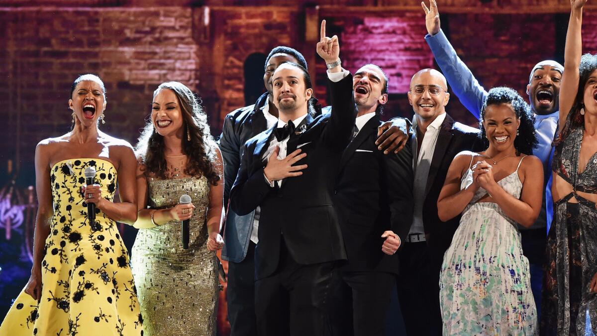 Lin-Manuel Miranda, center, and the cast of "Hamilton" at the 70th Tony Awards.