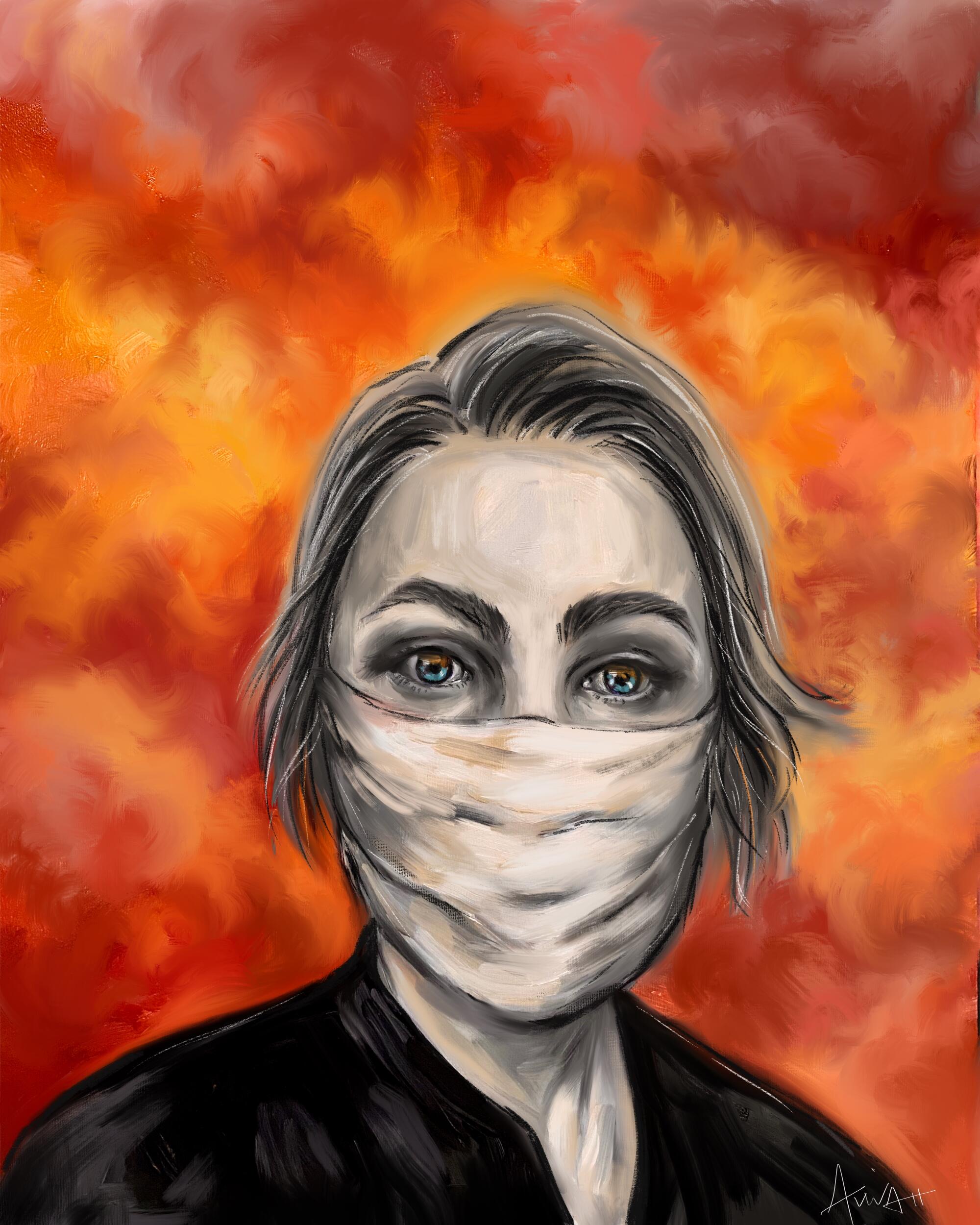 A painting of a woman in a mask as fire burns in the background
