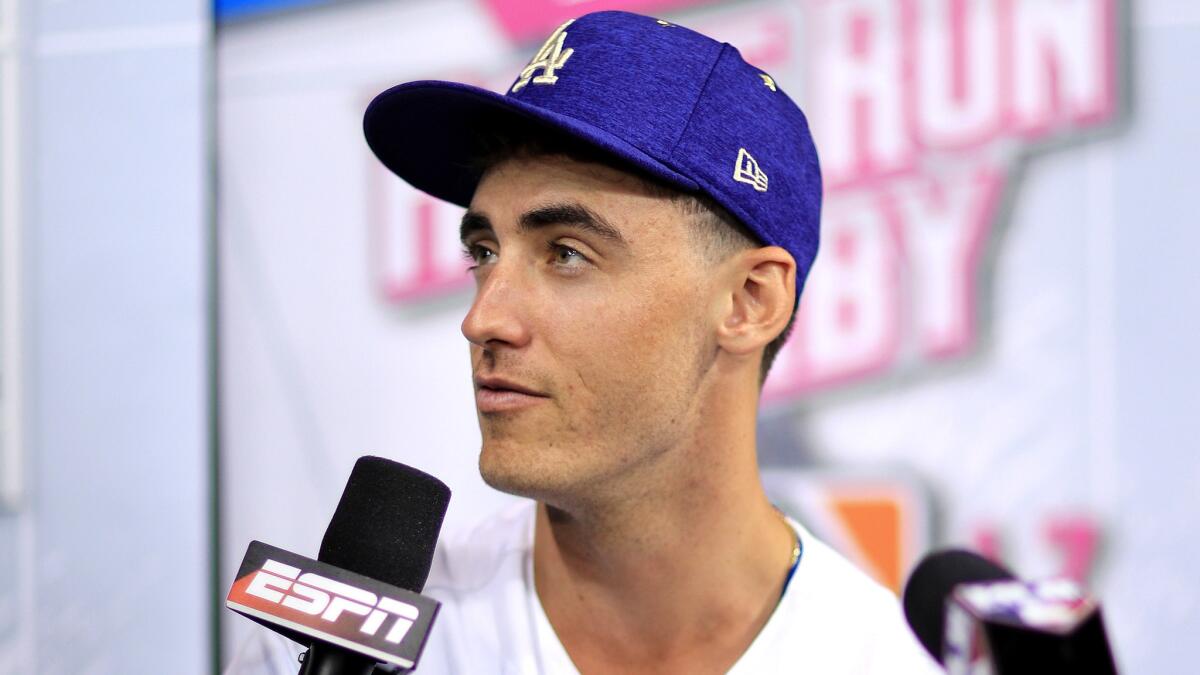 Cody Bellinger addresses the before an All-Star game workout at Marlins Park on Monday in Miami.