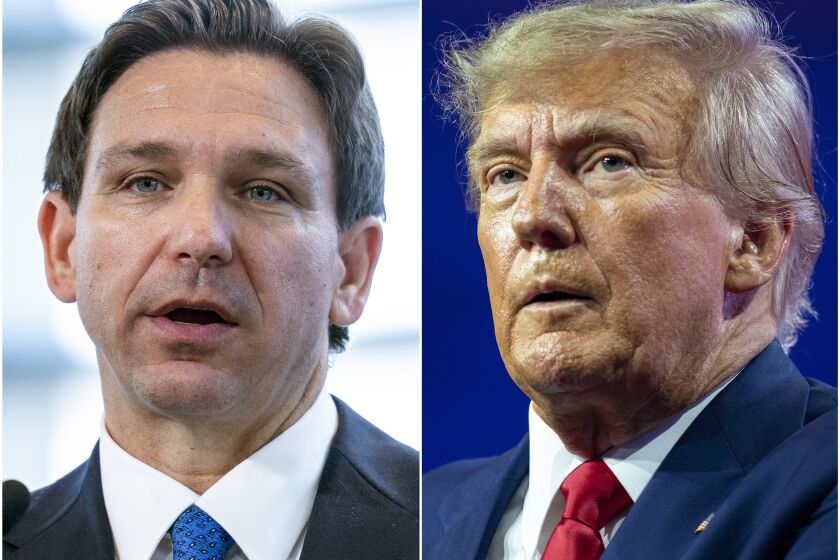 FILE - This combination of photos shows Florida Gov. Ron DeSantis speaking on April 21, 2023, in Oxon Hill, Md., left, and former President Donald Trump speaking on March 4, 2023, at National Harbor in Oxon Hill, Md. In his first week on the campaign trail as a presidential candidate, Gov. DeSantis repeatedly hit his chief rival, Donald Trump, from the right. DeSantis told a conservative radio host, “This is a different guy than 2015, 2016." Meanwhile, Trump has repeatedly attacked DeSantis from the left, suggesting Florida’s new six-week abortion ban is “too harsh” and arguing DeSantis’ votes to cut Social Security and Medicare in Congress will make him unelectable in a general election. (AP Photo/Alex Brandon, File)