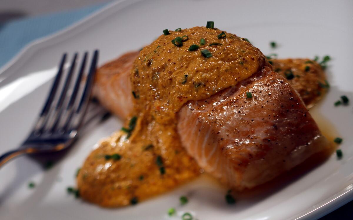 Thyme Cafe & Market's roasted salmon with red pepper hazelnut pesto