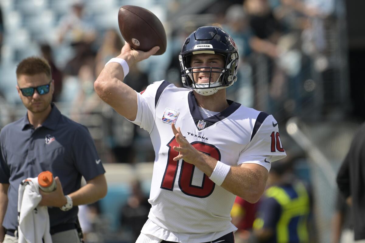 Houston Texans quarterback Davis Mills warms up before a win over the Jacksonville Jaguars on Oct. 9.