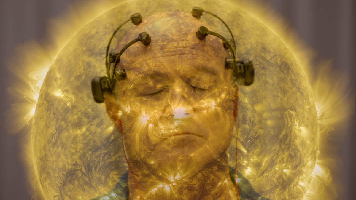 A stylized image of a man with sensors attached to his head in "All Light, Everywhere."