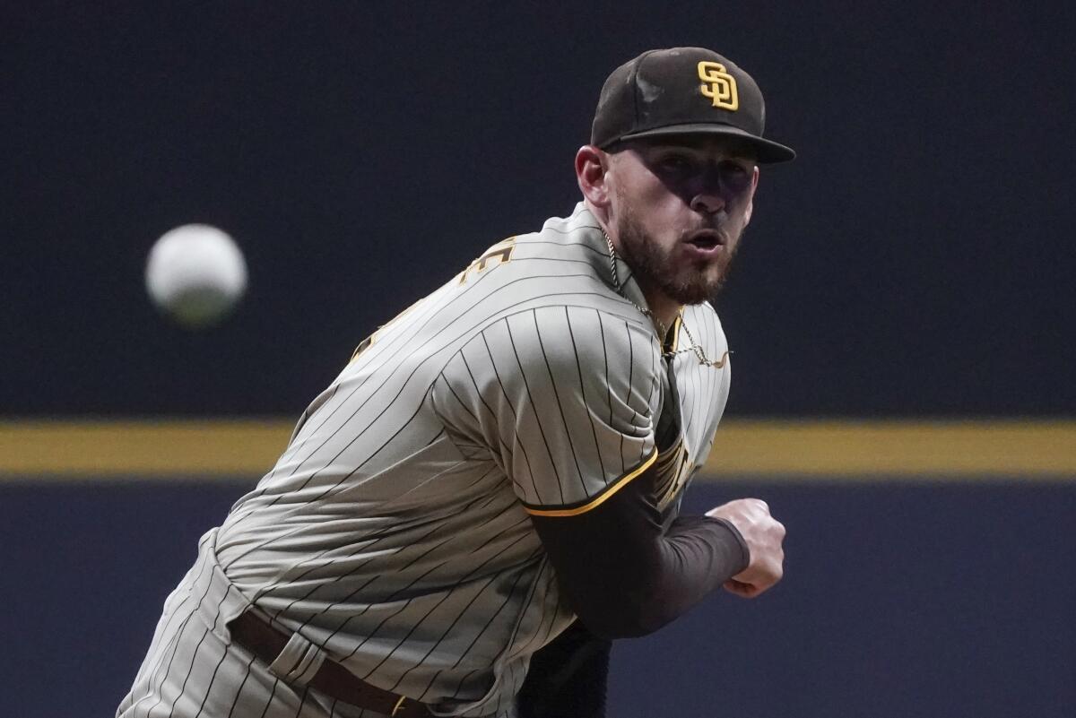 San Diego Padres starting pitcher Joe Musgrove throws during the seventh inning of a baseball game against the Milwaukee Brewers Friday, June 3, 2022, in Milwaukee. (AP Photo/Morry Gash)