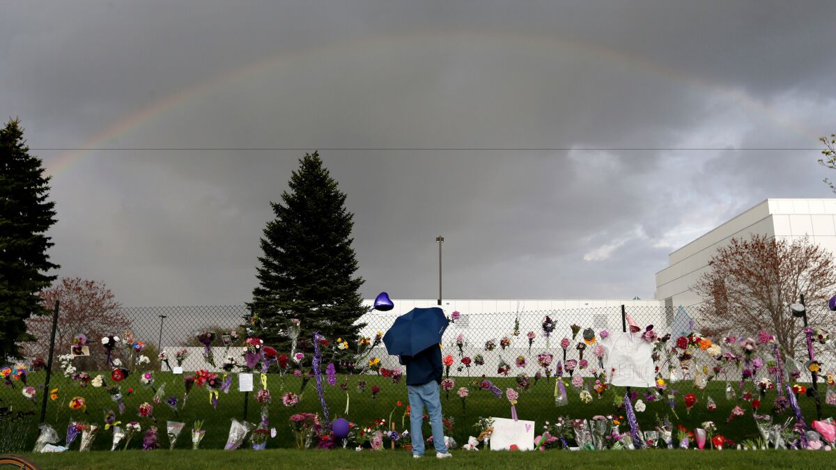 A rainbow crowns a memorial for Prince at Paisley Park in the Minneapolis suburb of Chanhassen in April 2016.