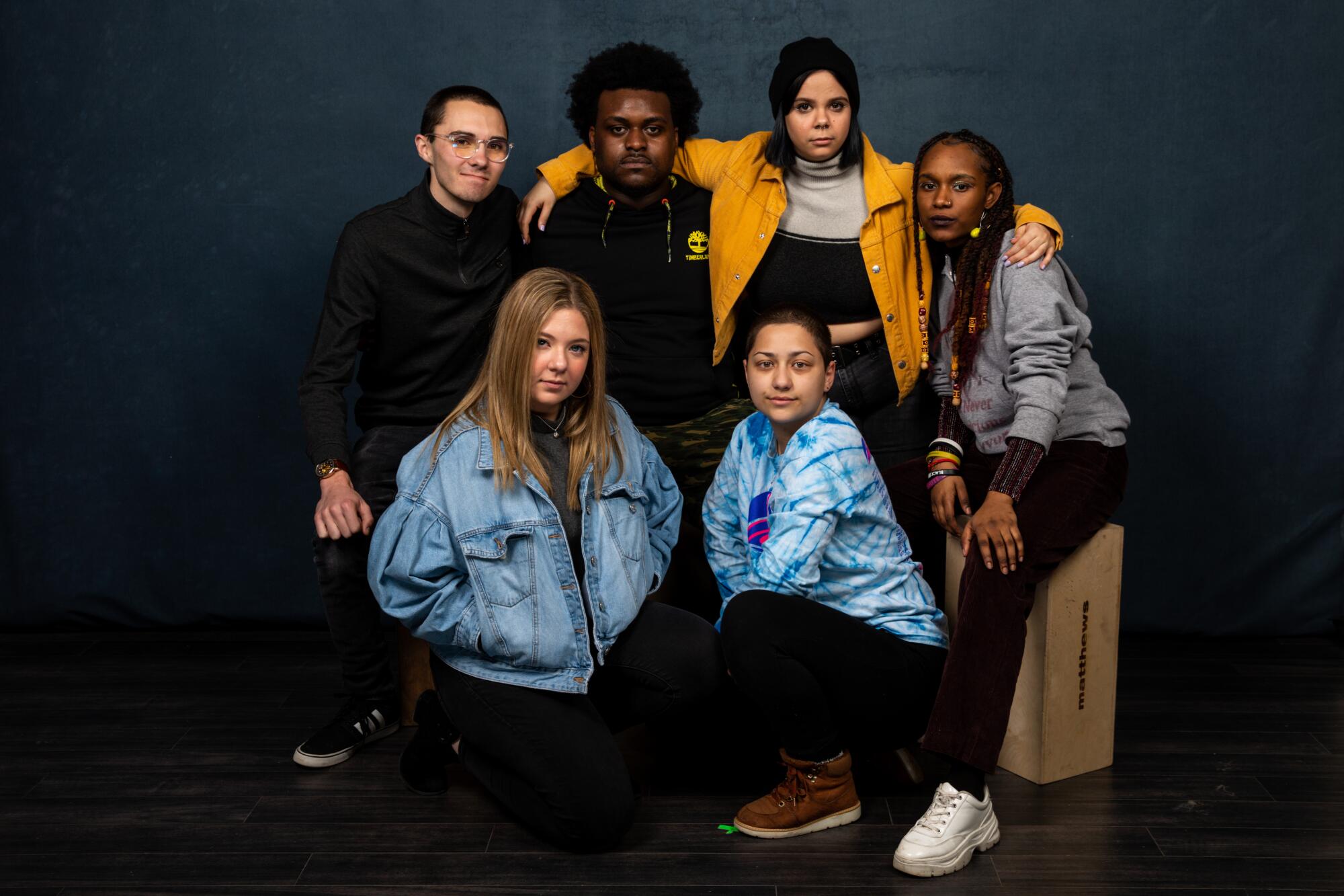 Subjects David Hogg, Jackie Corin, Alex King, Emma Gonzalez, Samantha Fuentes and Bria Smith of “Us Kids,” photographed in the L.A. Times Studio at the Sundance Film Festival.