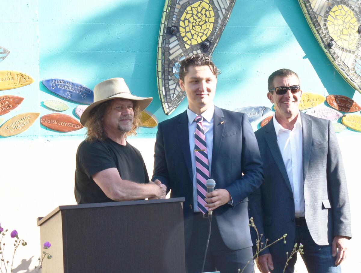 Artist Rob Tobin, PB Town Council President Charlie J. Nieto and 2023 PB Honorary Mayor Brian J. Curry.