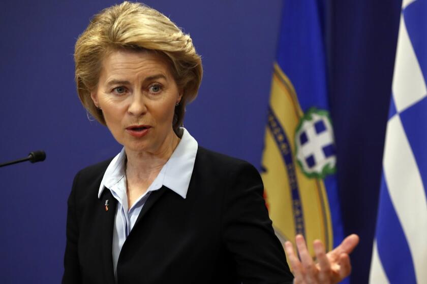 FILE - In this Tuesday, March 5, 2019 file photo, German Minister of Defense Ursula von der Leyen speaks in Athens. European Union leaders on Tuesday, July 2, 2019, after a lengthy session of talks, have nominated current German Defense Minister Ursula von der Leyen for the post of President of the European Commission. (AP Photo/Thanassis Stavrakis, File)