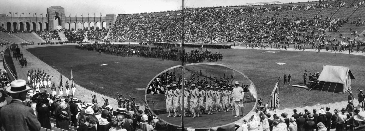 May 30, 1924: Unpublished panorama of Memorial Day activities at the Coliseum. The Times reported that all branches of the military were present. No information on the insert photo is available.