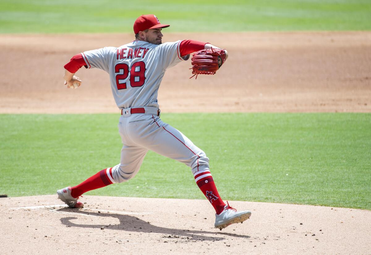 Angels starting pitcher Andrew Heaney delivers during the first inning of a 5-1 victory over the Texas Rangers on Tuesday.