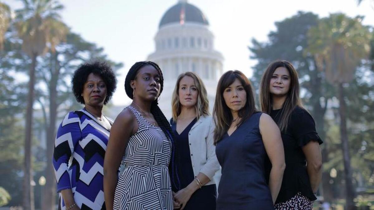 Tina McKinnor, left, Sadalia King, Amy Thoma Tan, Jodi Hicks and Sabrina Lockhart have come forward to talk about their experiences with sexual harassment at the Capitol.