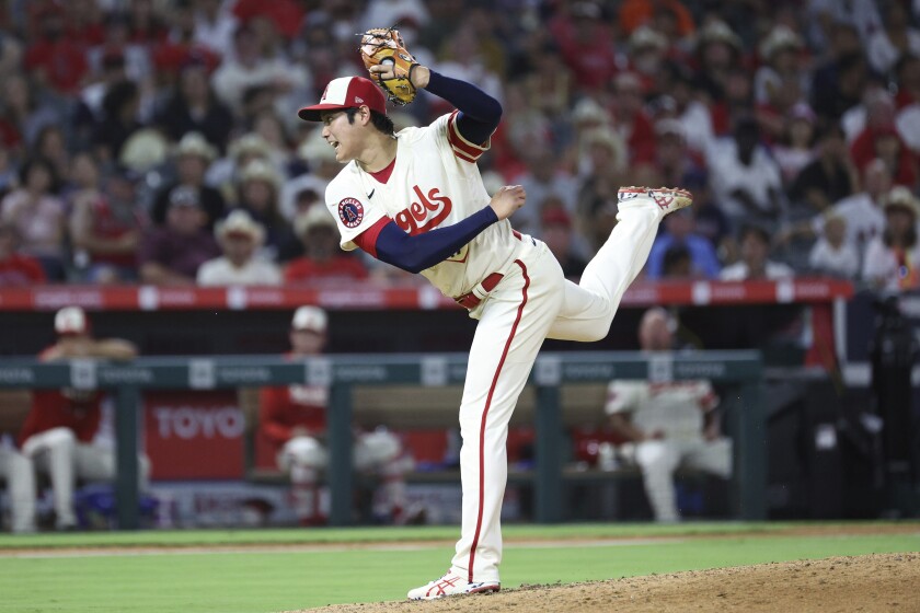 Angels pitcher Shohei Ohtani delivers against the Houston Astros Saturday night.