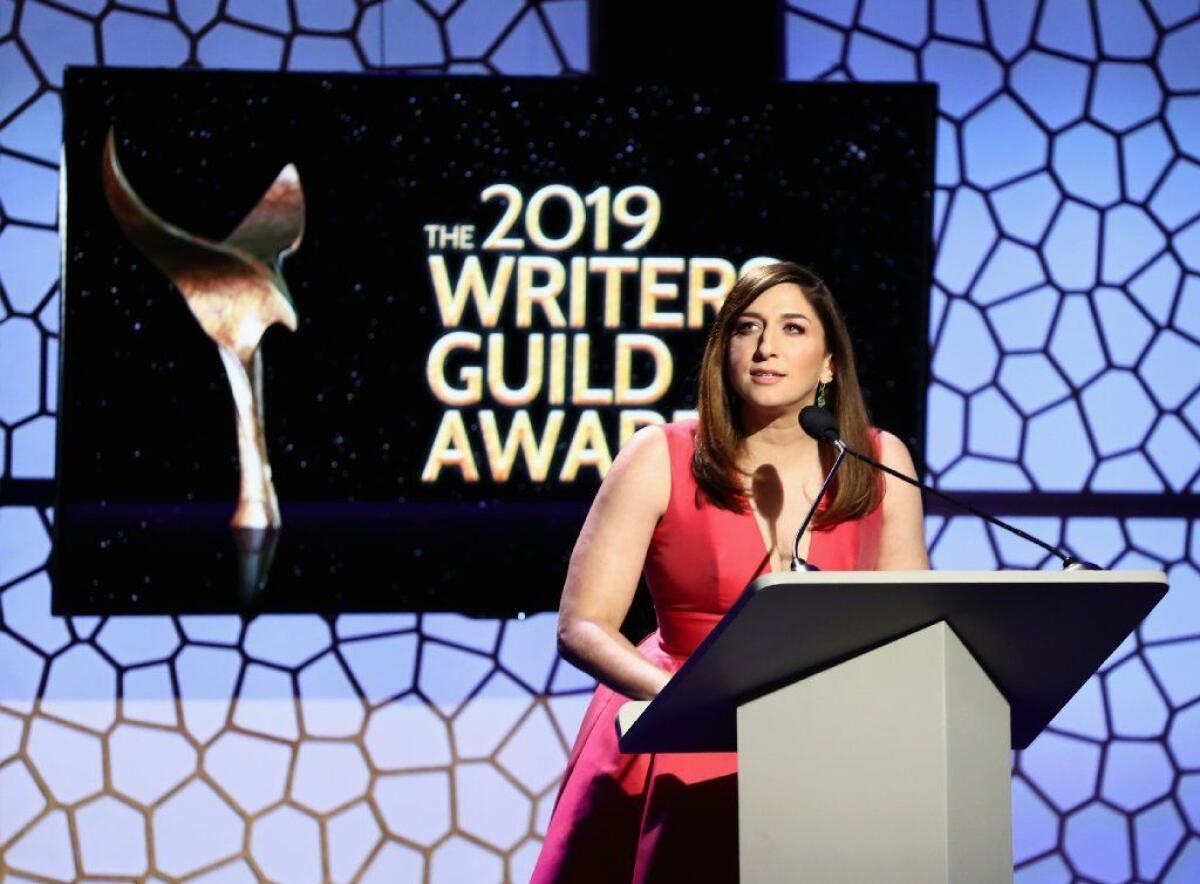 Host Chelsea Peretti speaks onstage during the 2019 Writers Guild Awards L.A. Ceremony at The Beverly Hilton Hotel on Sunday.