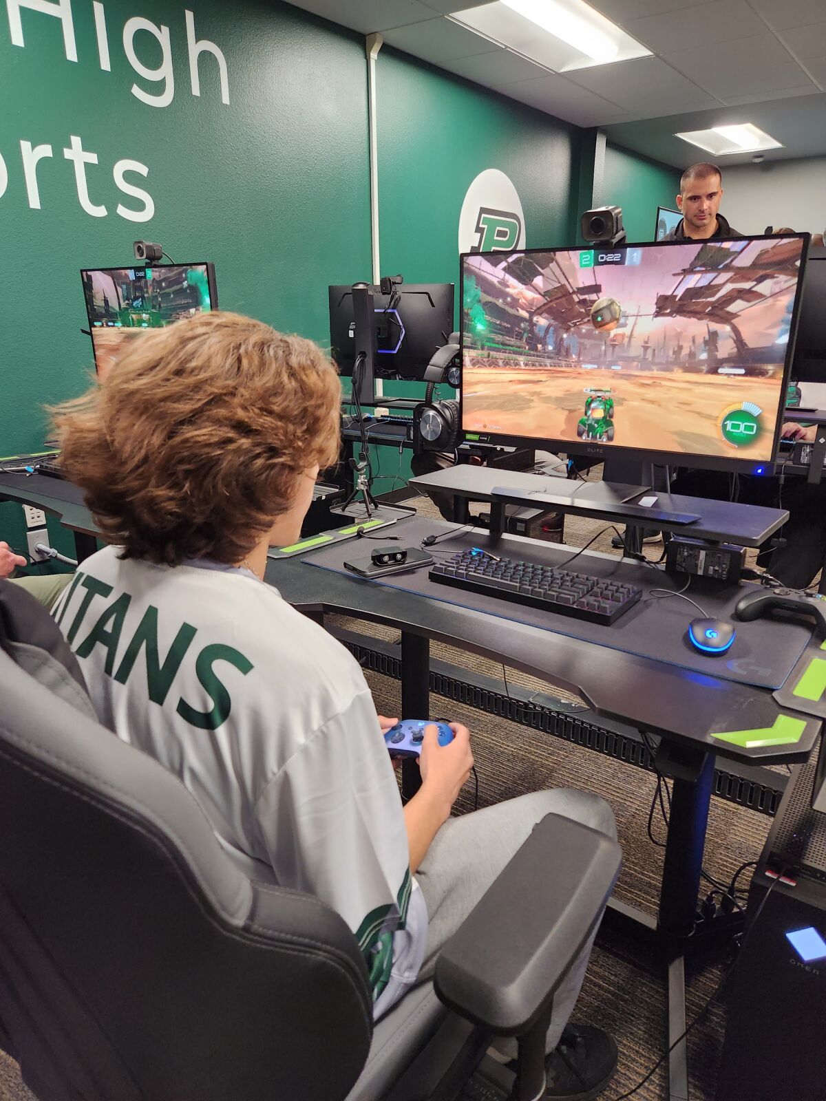 Students, Poway High School staff and sponsors played Rocket League at the grand opening of the Esports Arena. --
