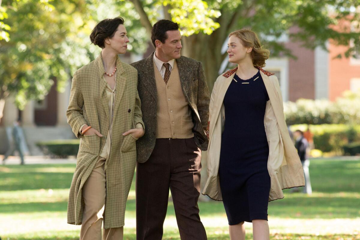 From left: Rebecca Hall, Luke Evans and Bella Heathcote in “Professor Marston and the Wonder Women.”