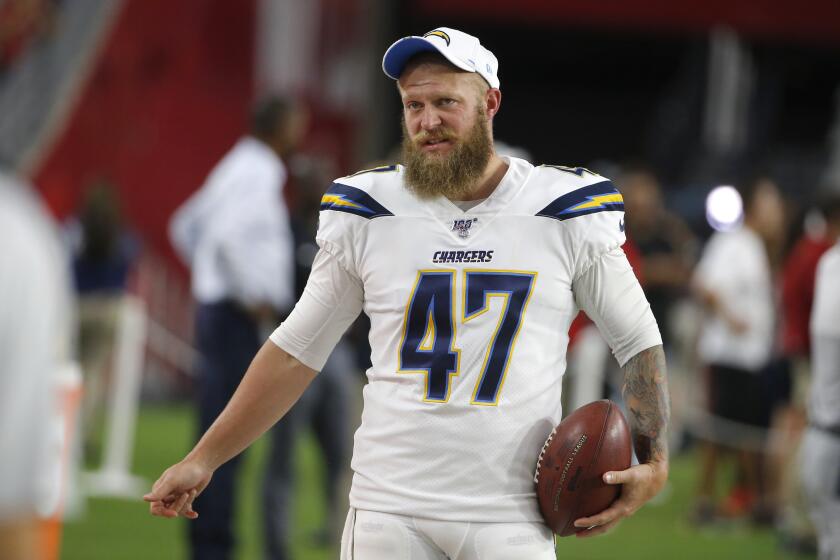 Los Angeles Chargers long snapper Mike Windt (47) during the first half of an NFL preseason football game against the Arizona Cardinals, Thursday, Aug. 8, 2019, in Glendale, Ariz. (AP Photo/Rick Scuteri)