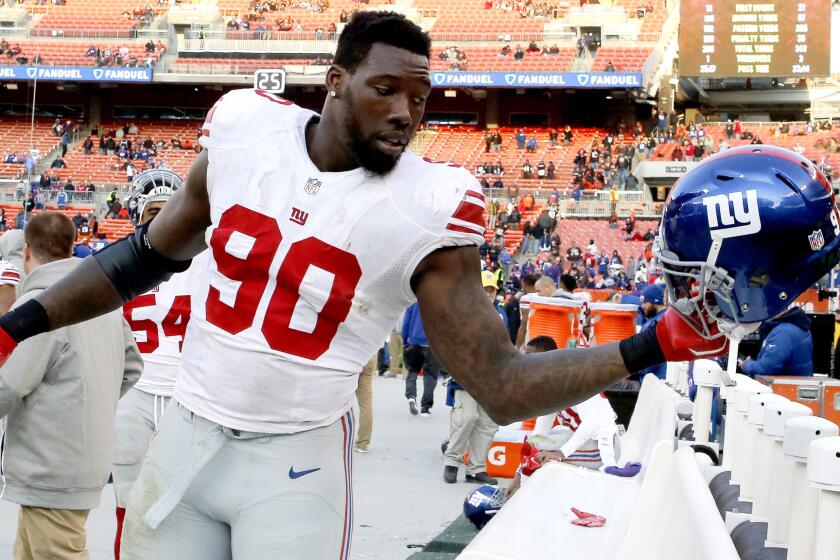 Giants defensive end Jason Pierre-Paul prepares to leave the field after a game against the Browns last week.