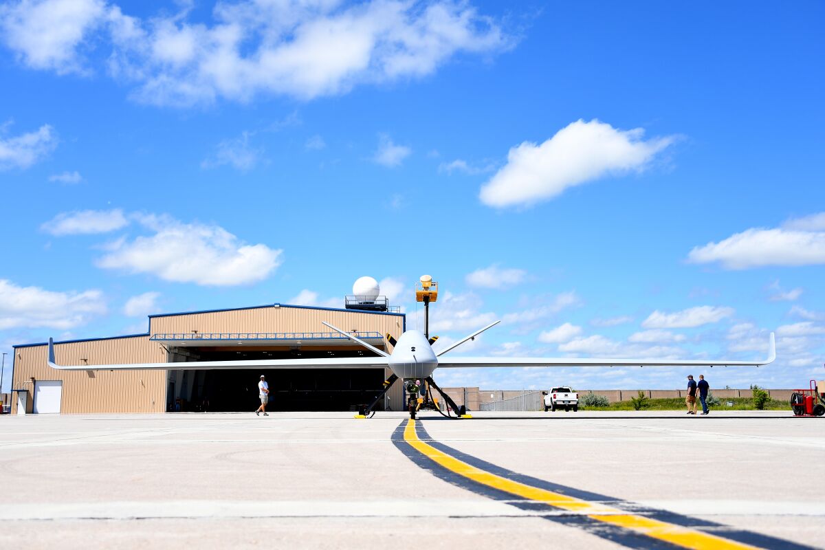 An MQ-9B SkyGuardian prepares to taxi at the Grand Forks Air Force Base in North Dakota in 2018. The SkyGuardian will conduct test flights over San Diego in 2020.