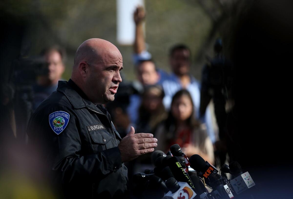 San Bernardino Police Department Chief Jarrod Burguan speaks during a news conference near the Inland Regional Center on Dec. 3.