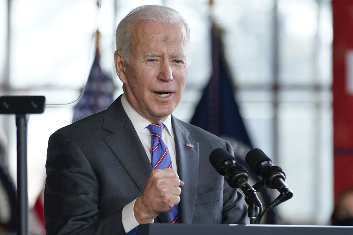 President Joe Biden speaks at an event to promote his infrastructure agenda at University of Wisconsin-Superior, Wednesday, March 2, 2022, in Superior, Wis. (AP Photo/Patrick Semansky)