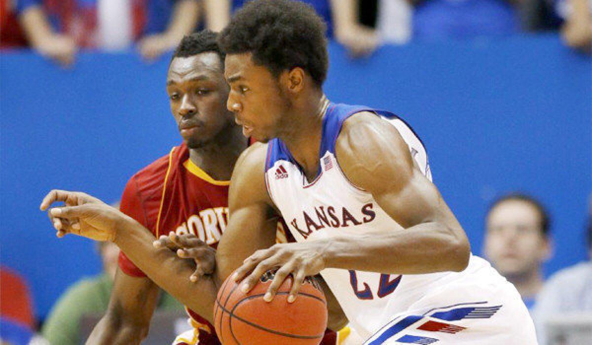 Kansas guard Andrew Wiggins scored 16 points and collected six rebounds in his exhibition debut for the Jayhawks in a victory over Pittsburgh State, 97-57, on Tuesday.