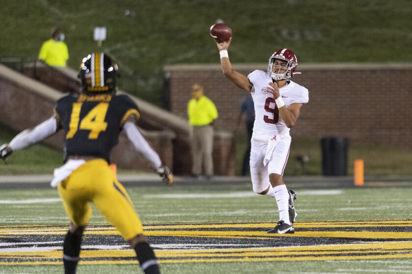 Alabama quarterback Bryce Young throws a pass during the second half of an NCAA college football game against Missouri Saturday, Sept. 26, 2020, in Columbia, Mo. (AP Photo/L.G. Patterson)