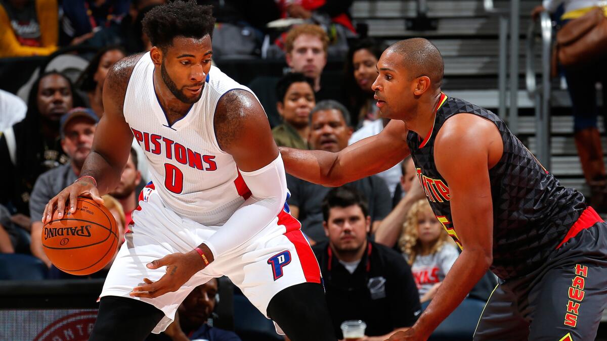 Pistons center Andre Drummond works in the post against Hawks center Al Horford during a game Oct. 27.