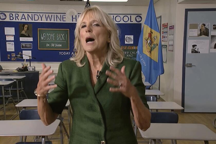 In this image from video, Jill Biden, wife of Democratic presidential candidate former Vice President Joe Biden, speaks during the second night of the Democratic National Convention on Tuesday, Aug. 18, 2020. (Democratic National Convention via AP)