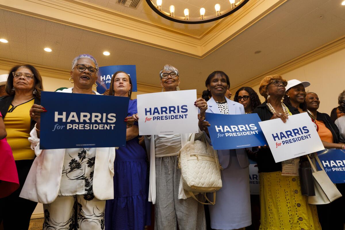 Supporters of presidential candidate Kamala Harris hold a rally in Los Angeles on July 26. 