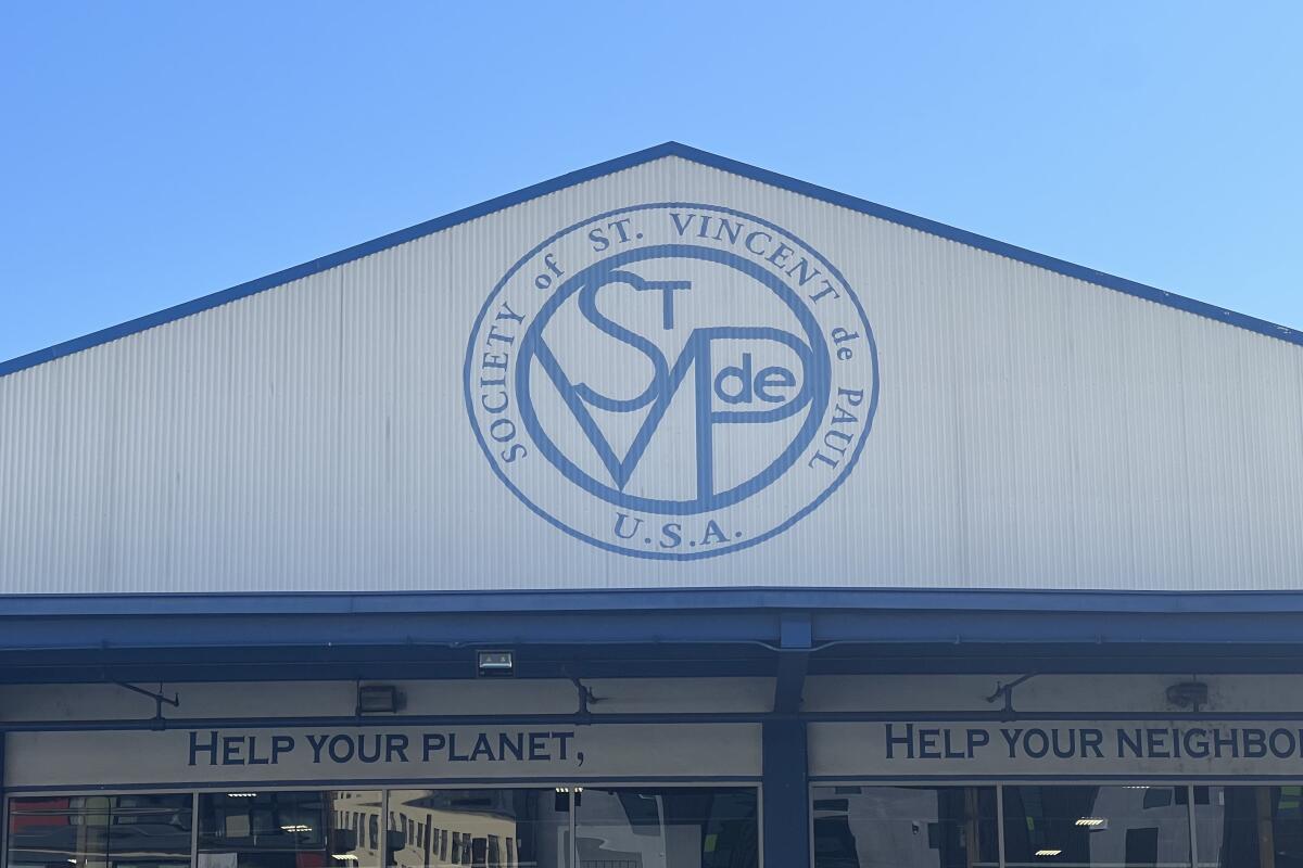 The St. Vincent de Paul logo above the entrance to its Los Angeles thrift shop.