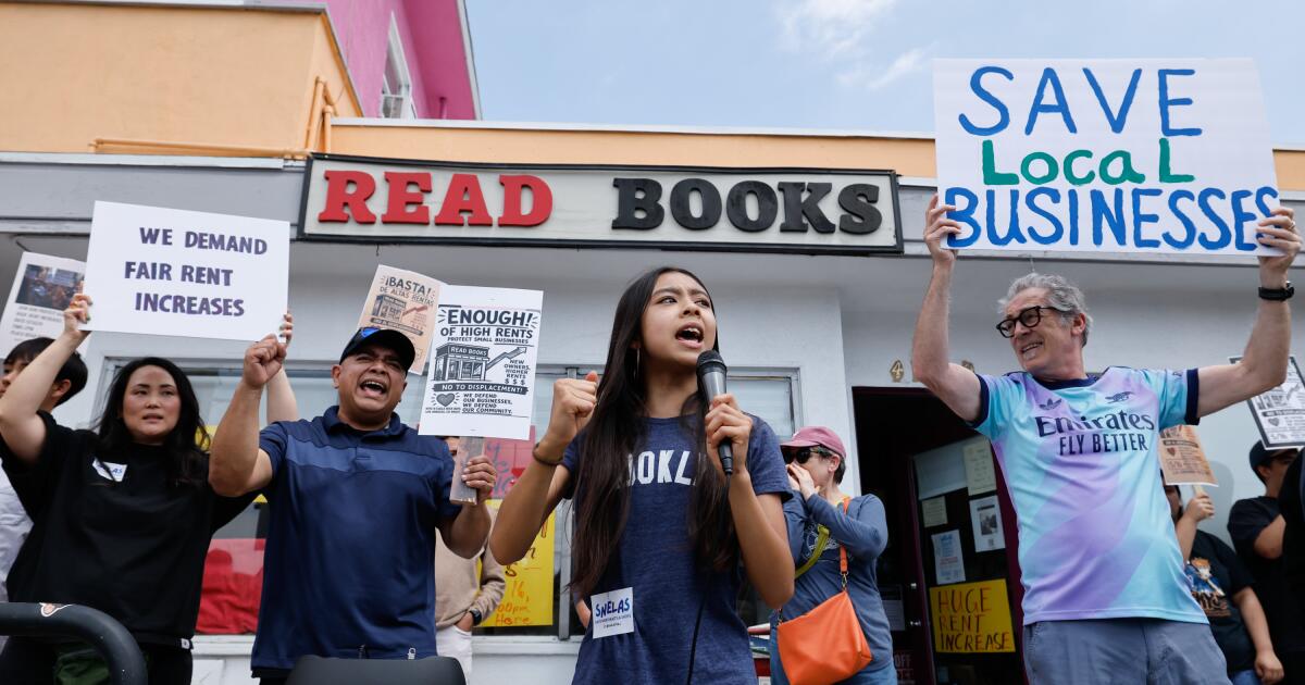 Eagle Rock, CA - May 16, 2026: Ada Chowdhury, 15, rallies demonstrators to save Read Books on the last day Read Books is open for business on Saturday, May 16, 2026 in Eagle Rock,