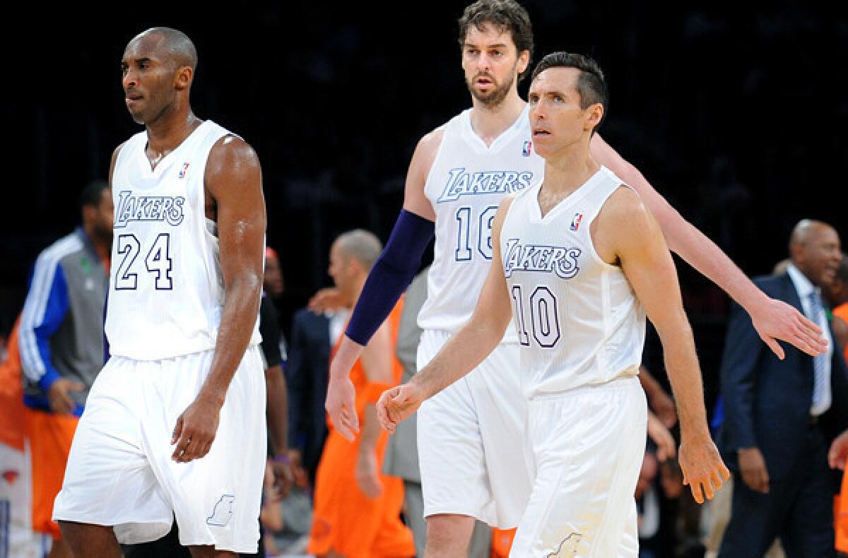 NBA veterans Kobe Bryant (24), Pau Gasol and Steve Nash (10) come with a hefty price tag as the Lakers try to rebuild their roster